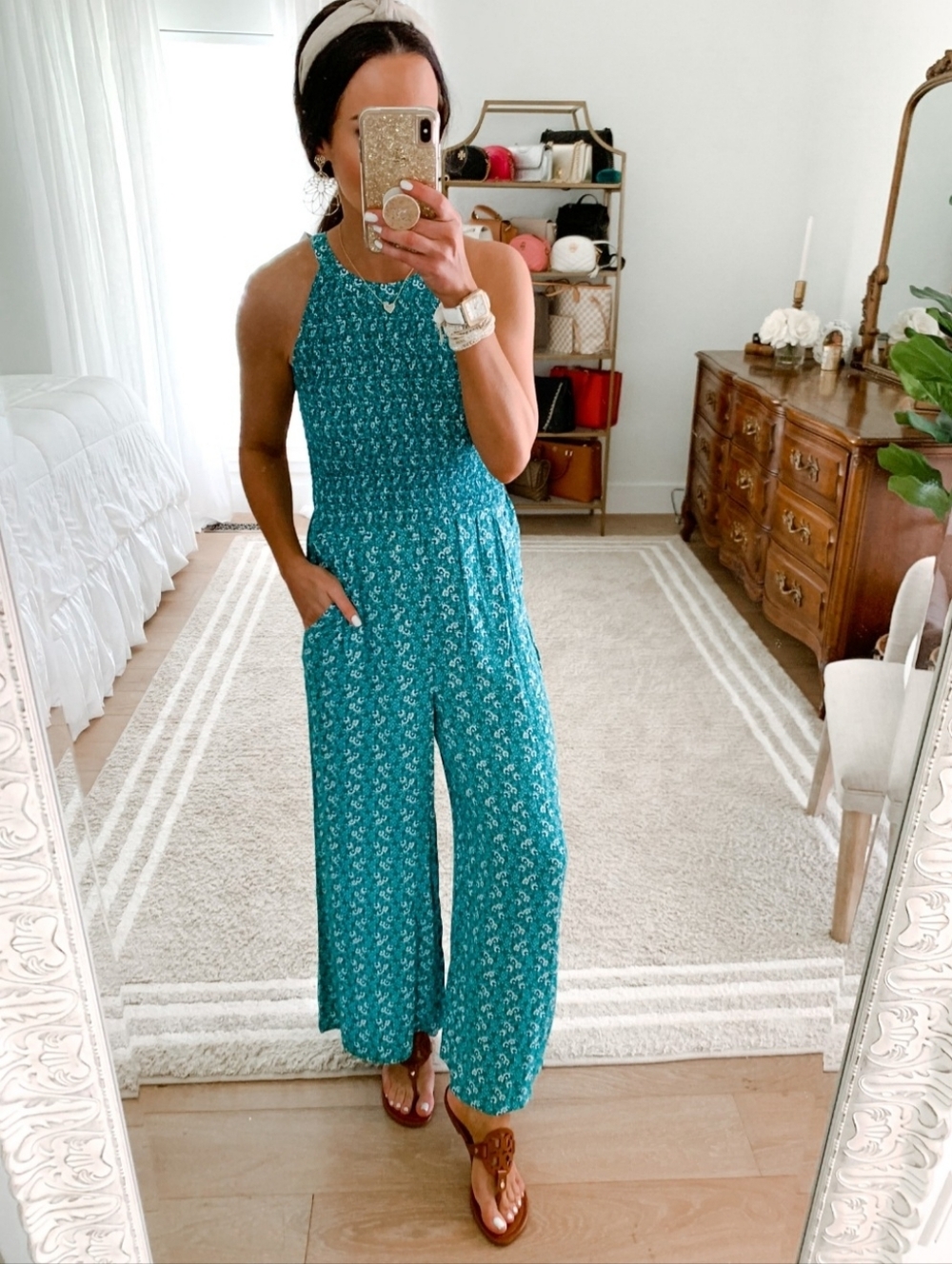 LOFT Teal Floral Halter Jumpsuit